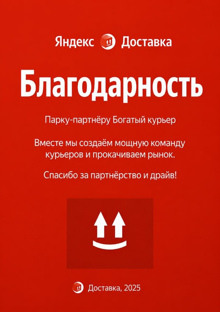 Благодарность Яндекс Доставки парку БОГАТЫЙ КУРЬЕР, 2025