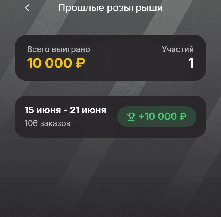 Скрин выигрыша в розыгрыше курьера из чата БОГАТЫЙ КУРЬЕР ЕДА